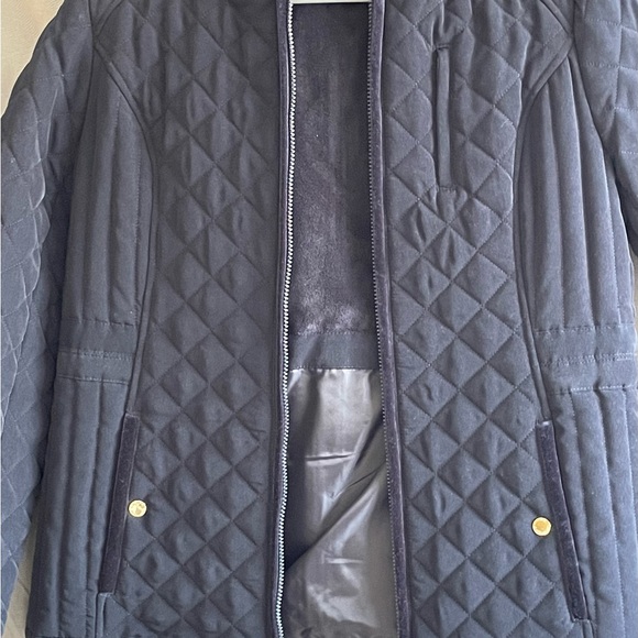 NWOT Laundry by Shelli Segal Navy Quilted Jacket w Hood Velvet Trim Fleece; Lg - Picture 4 of 15